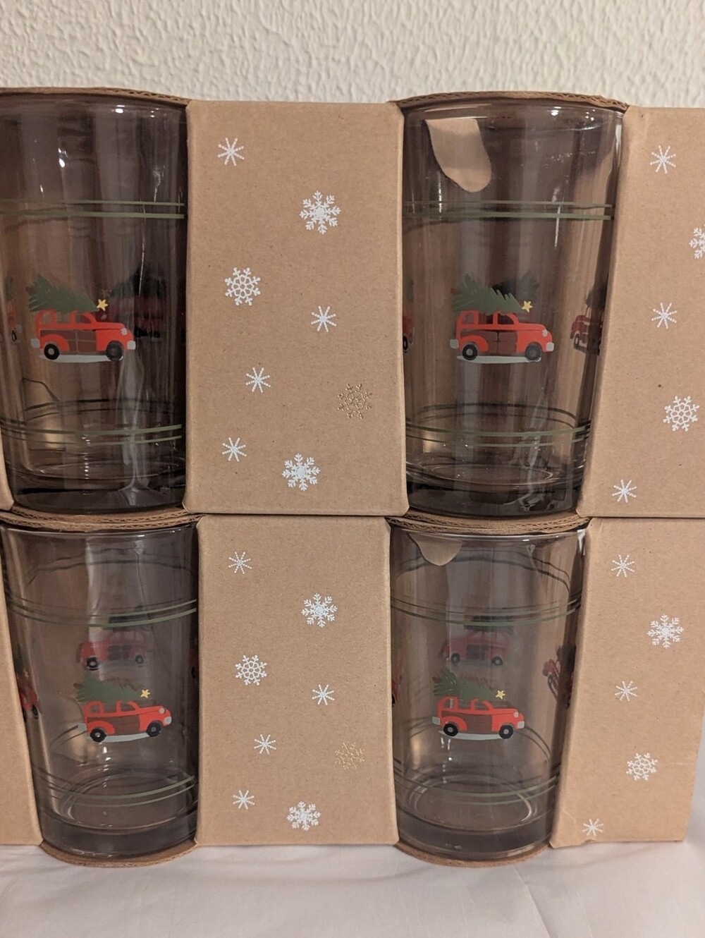 Pottery Barn juice glasses Set of 8 Christmas Car woody Crisa signed NIB